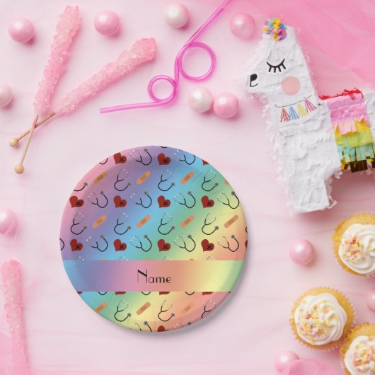 Assiettes En Carton Nom personnalisé arc-en-ciel stéthoscope coeur ban (Fête)