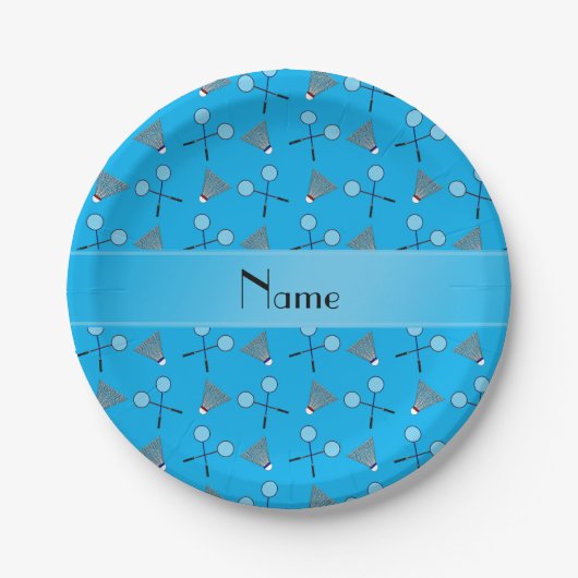 Assiettes En Carton Nom personnalisé bleu ciel badminton (Devant)