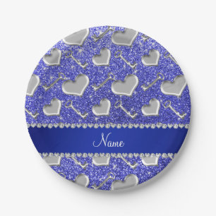 Assiettes En Carton Nom personnalisé coeur argent touches neon bleu pa