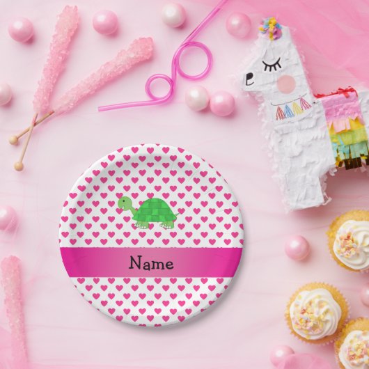 Assiettes En Carton Nom personnalisé Coeurs roses de tortue mignonne (Fête)