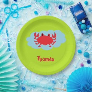 Assiettes En Carton Nom personnalisé crabe rouge sur bleu et vert
