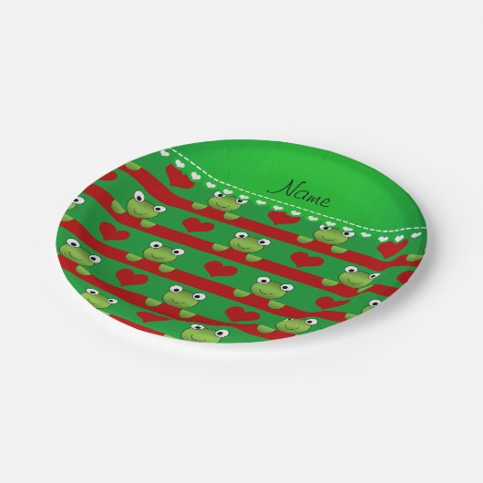 Assiettes En Carton Nom personnalisé grenouilles vertes coeurs rouges  (Angle)