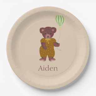 Assiettes En Carton Nom personnalisé mignon Ours Beige Enfants