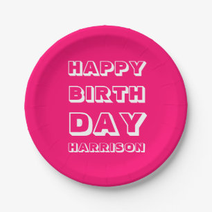 Assiettes En Carton Nom personnalisé moderne Joyeux anniversaire fuch