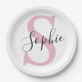 Assiettes En Carton Nom personnalisé moderne Monogramme rose (Devant)