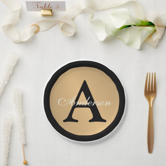 Assiettes En Carton Nom personnalisé Monogram Gold Metallic Button (Mariage)