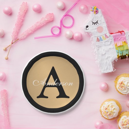 Assiettes En Carton Nom personnalisé Monogram Gold Metallic Button (Fête)