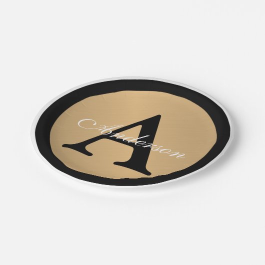 Assiettes En Carton Nom personnalisé Monogram Gold Metallic Button (Angle)