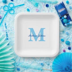 Assiettes En Carton  Nom personnalisé Monogrammes Baby showers bleus A