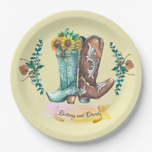 Assiettes En Carton Nom personnalisé Newlyweets Rustic Cowboy Boots (Devant)