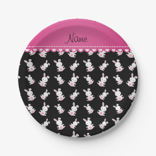 Assiettes En Carton Nom personnalisé noir blanc lapins rose rayure