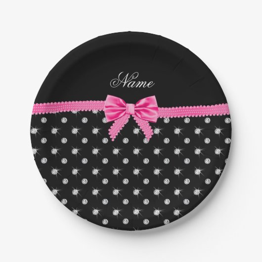 Assiettes En Carton Nom personnalisé noir diamants rose arc (Devant)