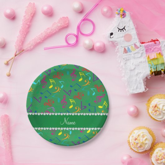 Assiettes En Carton Nom personnalisé notes de musique arc-en-ciel vert (Fête)