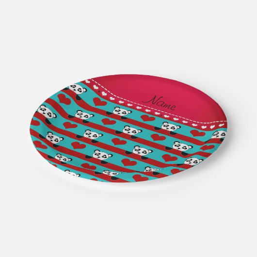 Assiettes En Carton Nom personnalisé panda bleu turquoise rayures de c (Angle)