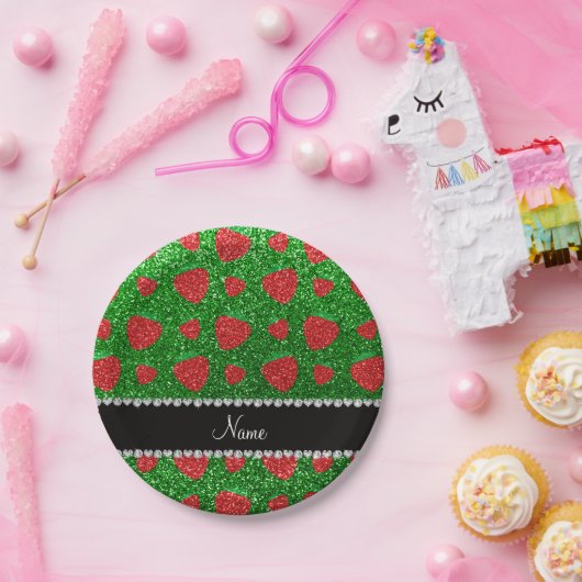 Assiettes En Carton Nom personnalisé parties scintillant verte fraise (Fête)