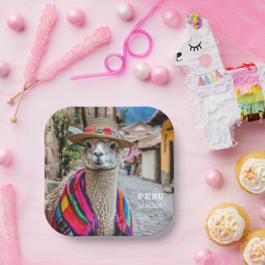 Assiettes En Carton Nom personnalisé Pérou Llama (Fête)