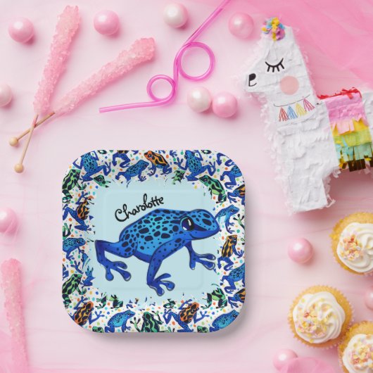 Assiettes En Carton Nom personnalisé Plaques Carrés Rainforest Frogs (Fête)