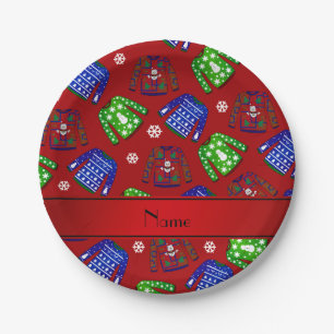 Assiettes En Carton Nom personnalisé rouge moche motif de chandail de
