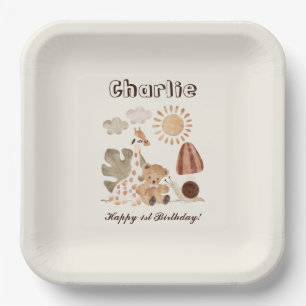 Assiettes En Carton Nom personnalisé Texte Boho Woodland Jungle Animal