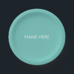 Assiettes En Carton Nom personnalisé texte minimaliste lumière turquoi<br><div class="desc">Personnaliser avec nom,  texte minimaliste turquoise blanc Plaques de papier personnaliser,  personnaliser nom,  texte</div>