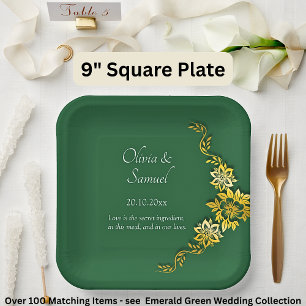 Assiettes En Carton Noms Date Message Vert émeraude & Or 9" Carré