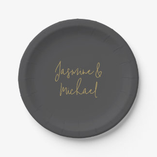 Assiettes En Carton Noms de couple de calligraphie chic gris et or