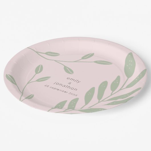 Assiettes En Carton Noms de Feuilles verts Sage simple Date Mariage ro (Angle)
