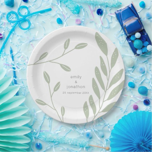 Assiettes En Carton Noms des Feuilles verts Sage simple Mariage de dat (Fête)