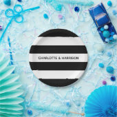 Assiettes En Carton Noms personnalisés monogramme noir et blanc rayure (Fête)