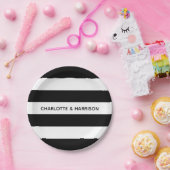 Assiettes En Carton Noms personnalisés monogramme noir et blanc rayure (Fête)