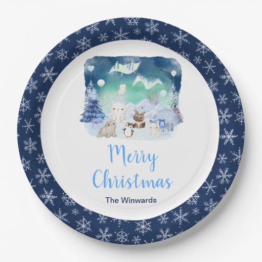 Assiettes En Carton Northern Lights Arctic Animals Merry Christmas (Devant)