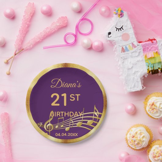 Assiettes En Carton Notes de musique dorée violette d'anniversaire (Fête)