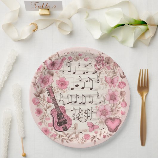 Assiettes En Carton Notes de musique et fleurs élégantes (Mariage)
