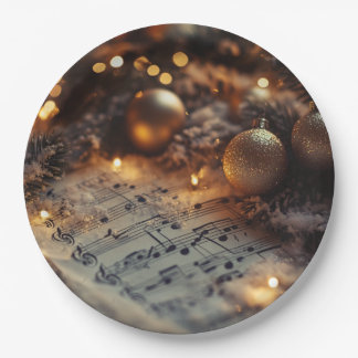 Assiettes En Carton Notes musicales de Noël rustique foncé