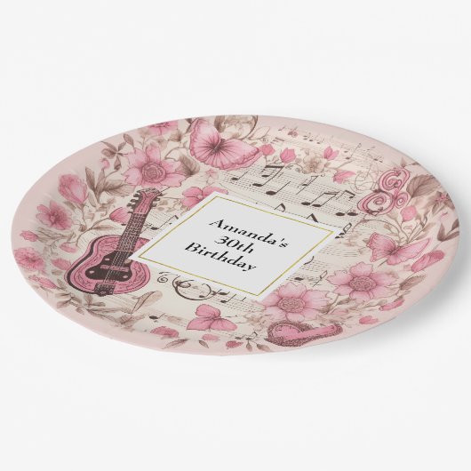 Assiettes En Carton Notes musicales et fleurs Style rétro Anniversaire (Angle)