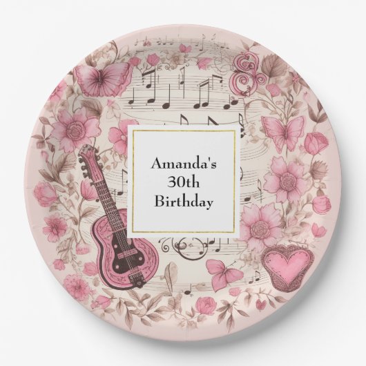 Assiettes En Carton Notes musicales et fleurs Style rétro Anniversaire (Devant)
