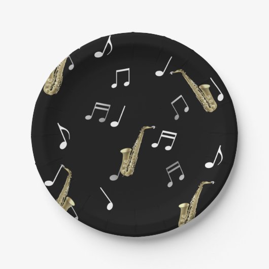 Assiettes En Carton Notes musicales et saxophones Jazzy (Devant)