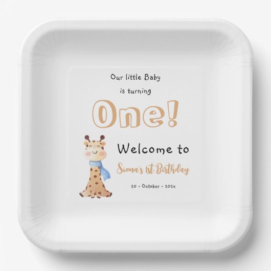 Assiettes En Carton Notre Bébé tourne une petite girafe 1er anniversai (Recto)