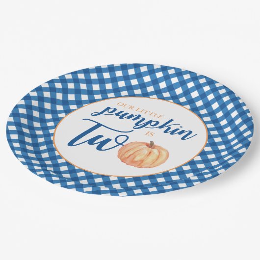 Assiettes En Carton Notre petit Citrouille est deux bleu plaid 2ème an (Angle)