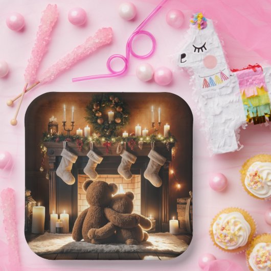 Assiettes En Carton Nounours Devant Une Cheminée De Noël (Fête)
