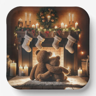 Assiettes En Carton Nounours Devant Une Cheminée De Noël