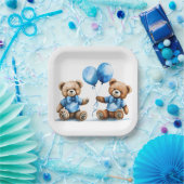Assiettes En Carton Nounours jumeaux avec Ballons Bleus (Fête)