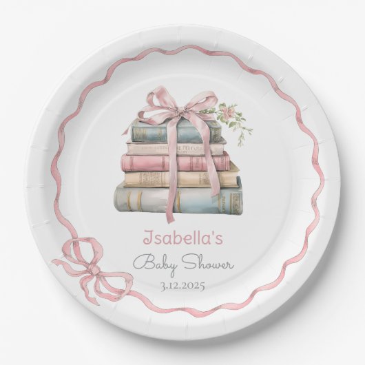 Assiettes En Carton Nouveau chapitre ruban rose Bow fille baby shower (Devant)