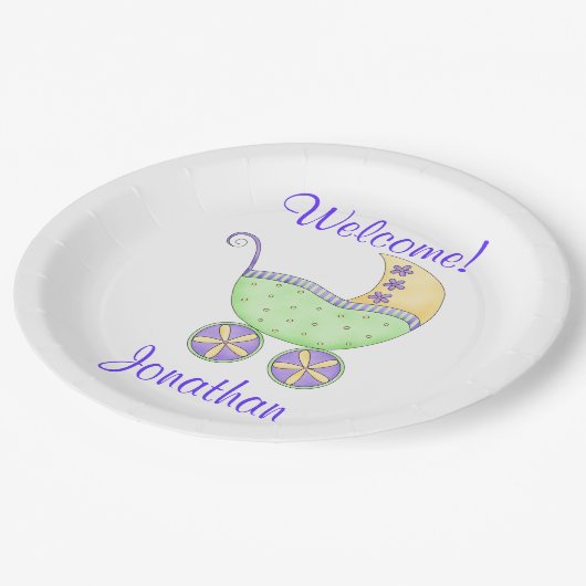 Assiettes En Carton Nouveau-né Buggy Nom de bienvenue Personnalisé (Angle)