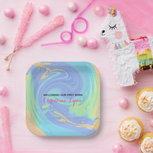 Assiettes En Carton Nouveau-né rose pastel avec photo (Fête)