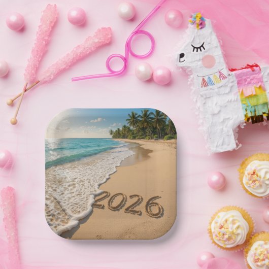 Assiettes En Carton Nouvel An 2026 Plage tropicale (Fête)