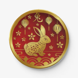 Assiettes En Carton Nouvel An chinois 2023 Année Lapin Rouge Or 7"