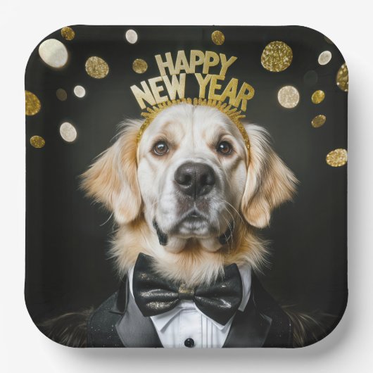 Assiettes En Carton Nouvel an Golden Retriever dans Tuxedo (Recto)
