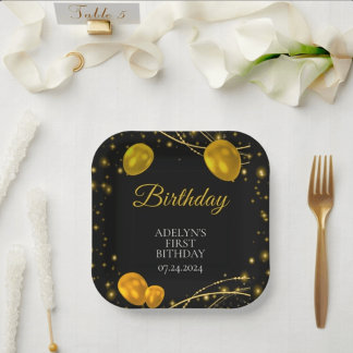 Assiettes En Carton "Nouvel anniversaire de naissance Gold et Black Ba