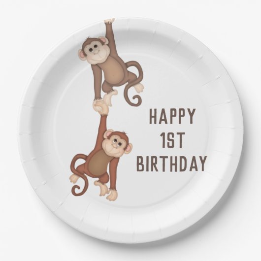 Assiettes En Carton Nouvel Anniversaire Des Singes En Blanc (Devant)